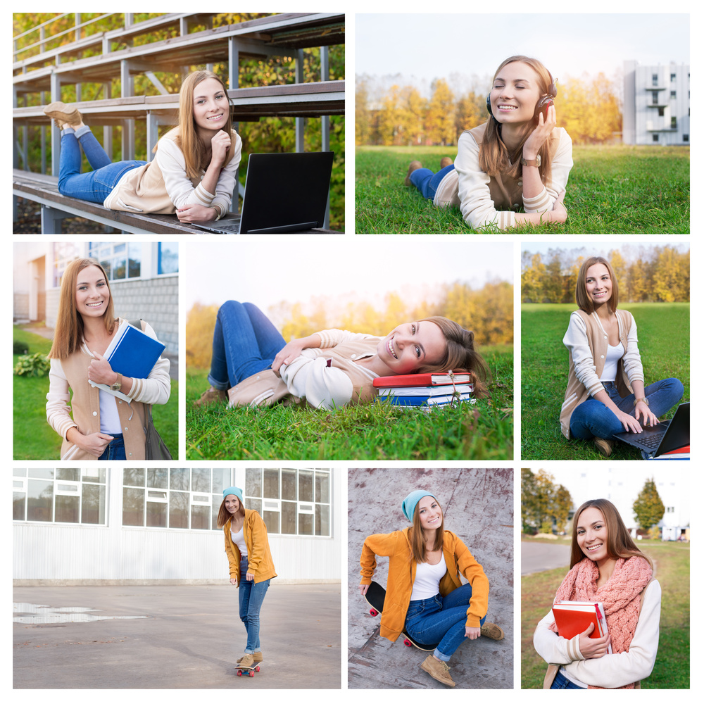 Photo collage of student at campus